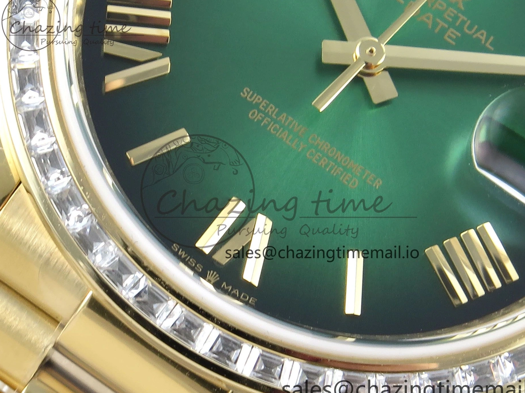 MiroTime 1224 TechFriendly DayDate 40 YG QF 1:1 Best Edition Green Black Dial Diamonds Bezel on President Bracelet A2836 V5 (Gain Weight) 490